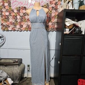 Oleg Cassini Silver-Blue Halter Maxi Dress with Front Slit